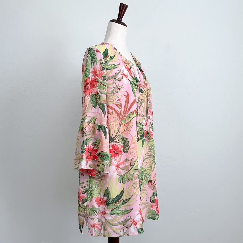 J. Jill Tropical Paradise Floral Pink Bell Sleeve Crinkle Crepe Tunic Blouse NWT - Picture 7 of 10